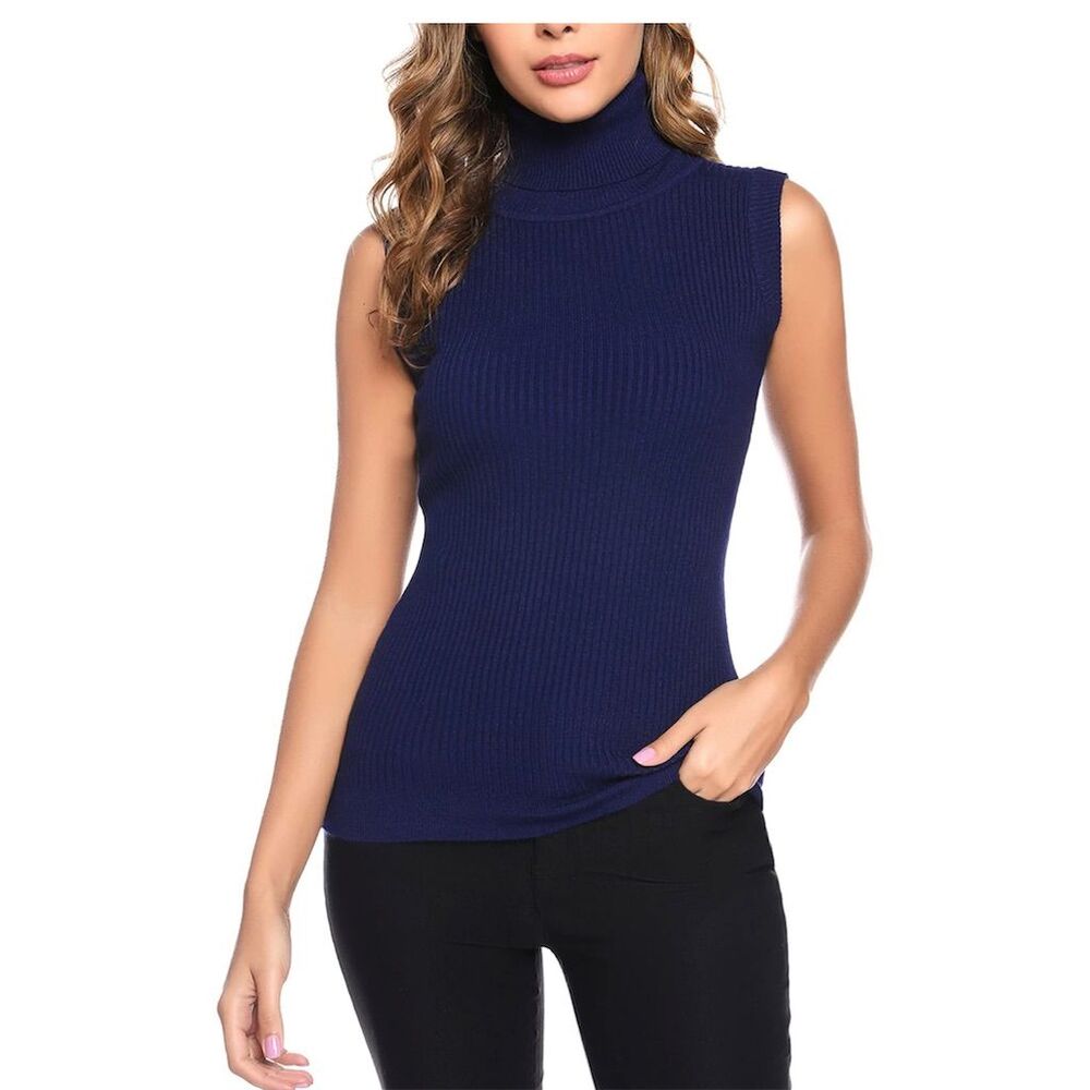 Women's Sleeveless Turtleneck Ribbed Knit Sweater Navy Blue Size M